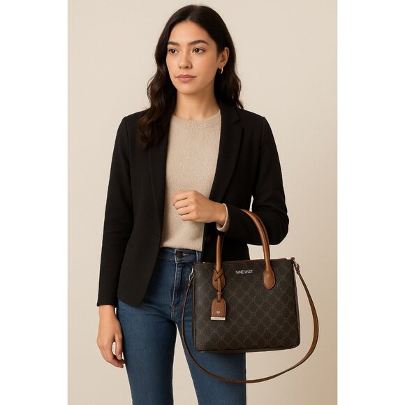 Nine West Brown Logo Satchel Tote Bag with Crossbody Strap - Picture 9 of 9